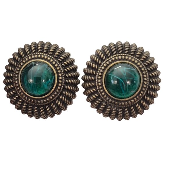 Ben Amun Flawed Emerald Green Glass Cab Clip-On Earrings, Signed E639 - Picture 14 of 14